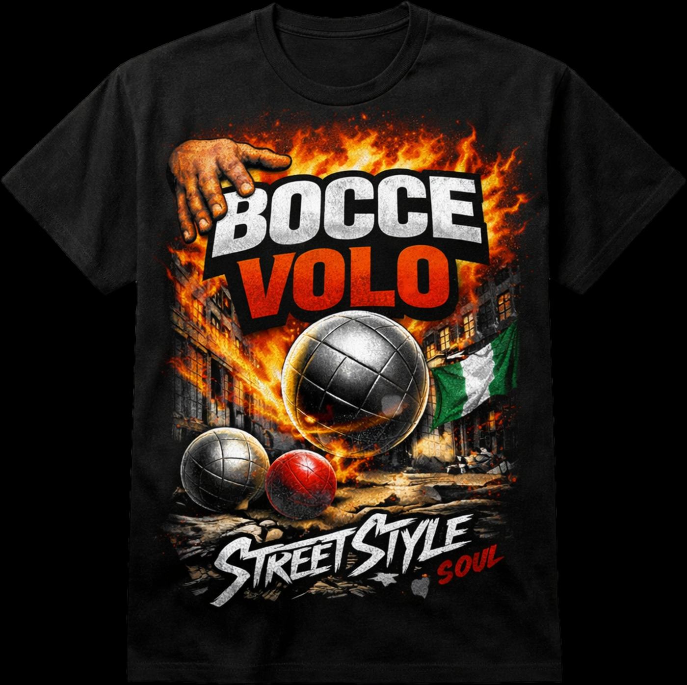 DTF tisk na črni majici — motiv Bocce Volo